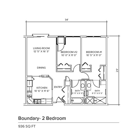 Floor plan for 2 beds, 2 baths, 934 sqft
